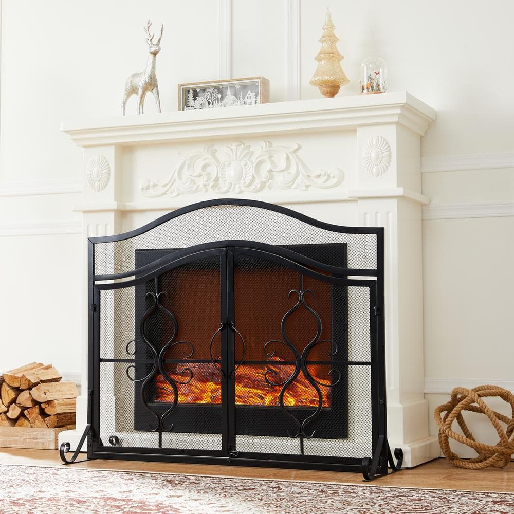 Vanity Art Brescia Black Iron 2-Panel Fireplace Screen with Decorative Filigree