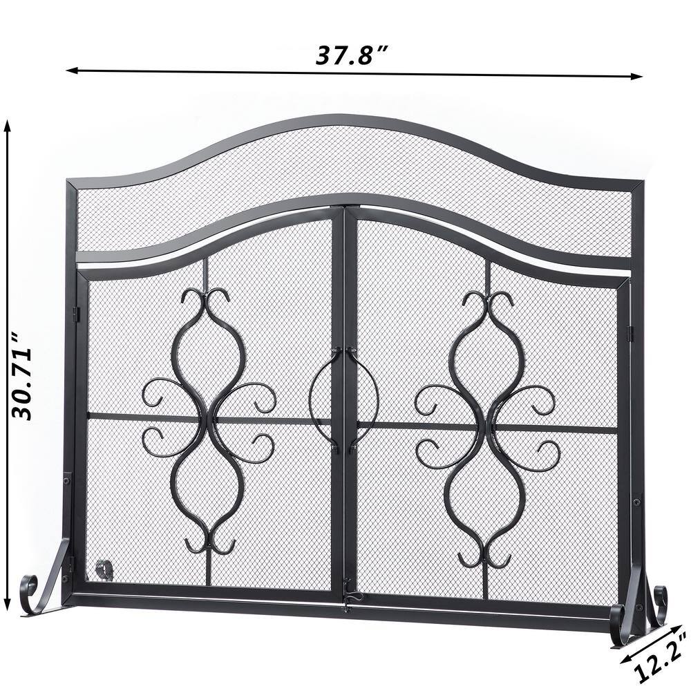 Vanity Art Brescia Black Iron 2-Panel Fireplace Screen with Decorative Filigree