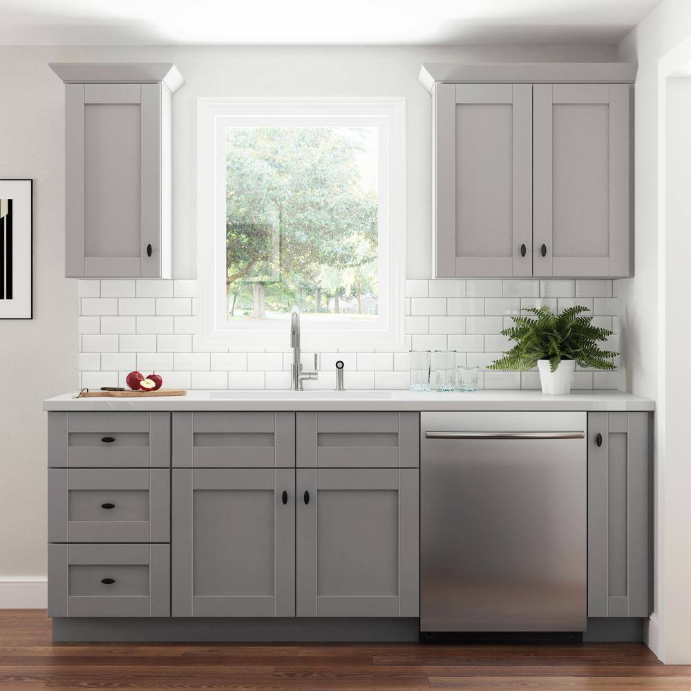 Arlington Veiled Gray Plywood Shaker Stock Assembled Wall Kitchen Cabinet Soft Close 27 in W x 12 in D x 36 in H