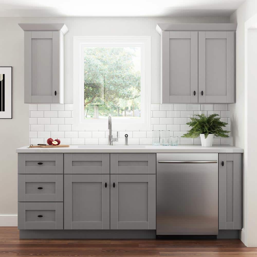 Contractor Express Cabinets Arlington Veiled Gray Plywood Shaker Stock Assembled Wall Kitchen Cabinet Soft Close 27 in W x 12 in D x 42 in H