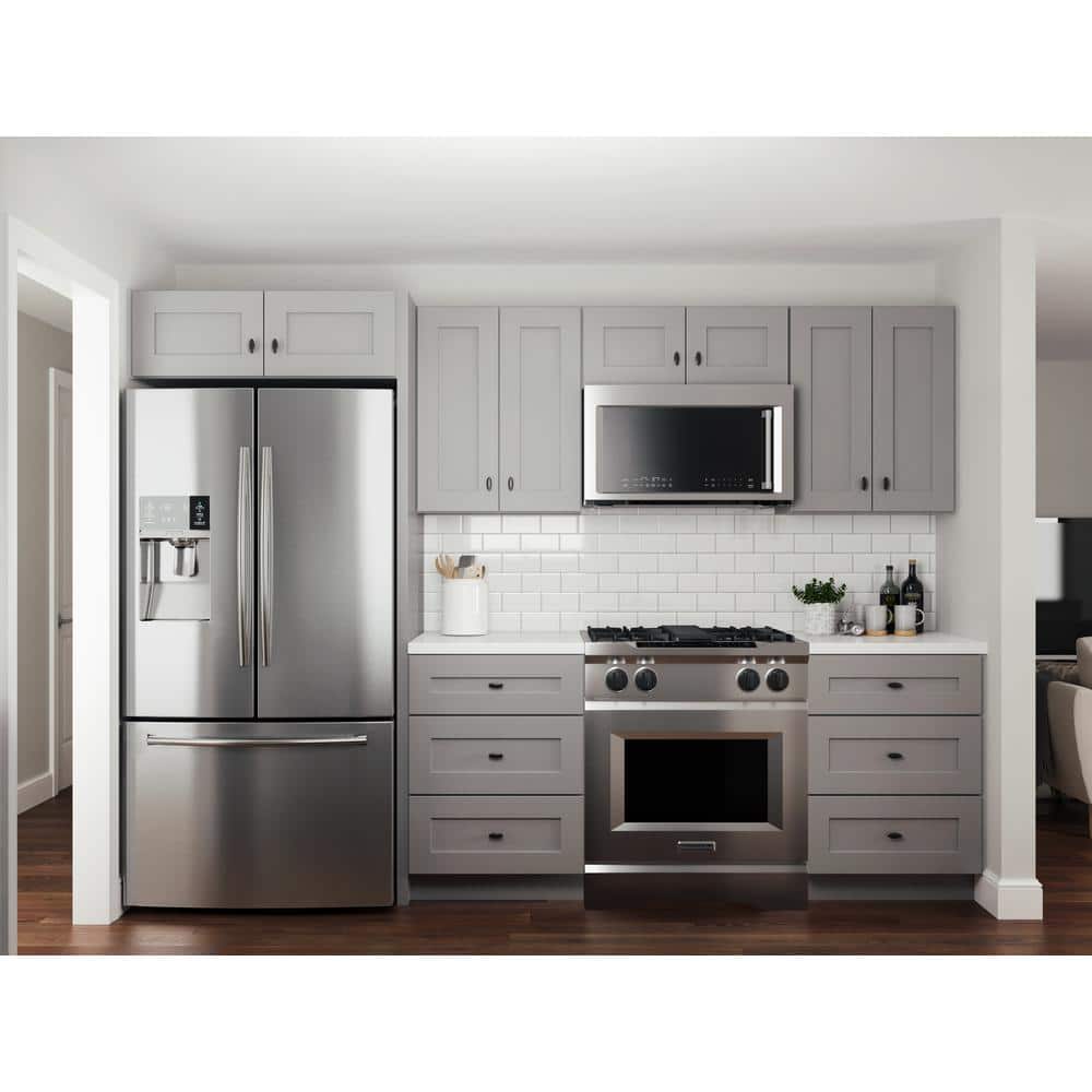 Contractor Express Cabinets Arlington Veiled Gray Plywood Shaker Stock Assembled Wall Kitchen Cabinet Soft Close 27 in W x 12 in D x 42 in H