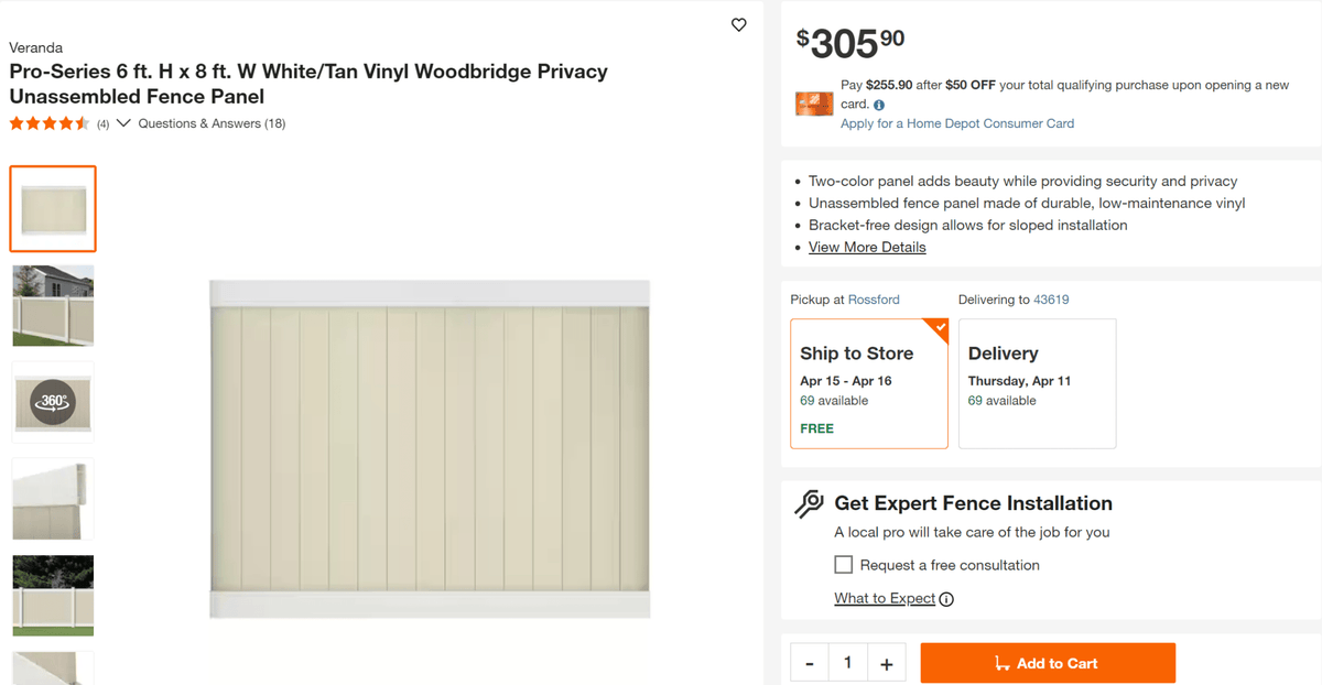 Veranda Pro-Series 6 ft. H x 8 ft. W White/Tan Vinyl Woodbridge Privacy Unassembled Fence Panel