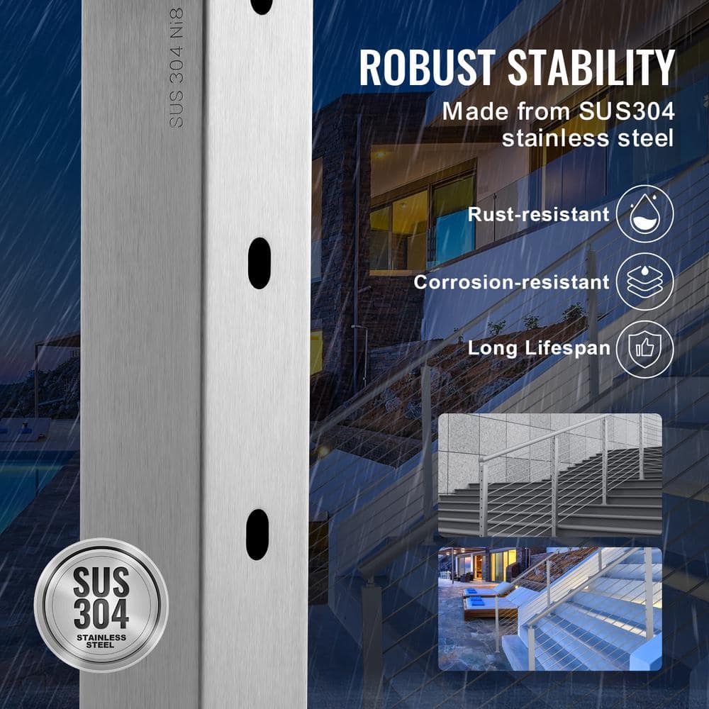 VEVOR Cable Railing Post 42 in. L x 2 in. W x 2 in. H 30° Angled Hole Stair Railing Post SUS304 Stainless Steel Rail Post