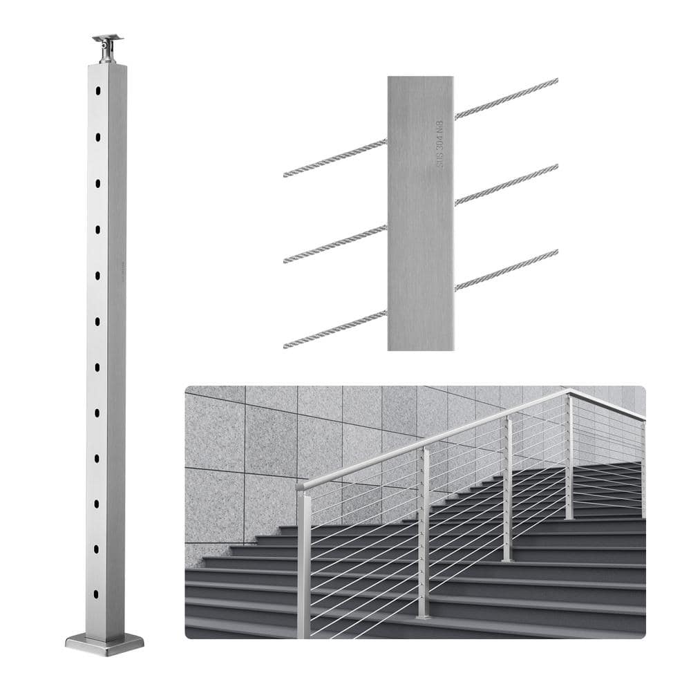 VEVOR Cable Railing Post 42 in. L x 2 in. W x 2 in. H 30° Angled Hole Stair Railing Post SUS304 Stainless Steel Rail Post