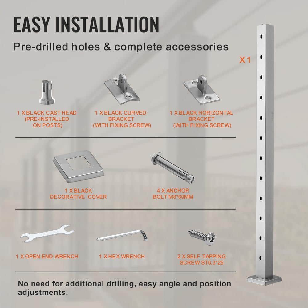 VEVOR Cable Railing Post 42 in. L x 2 in. W x 2 in. H 30° Angled Hole Stair Railing Post SUS304 Stainless Steel Rail Post