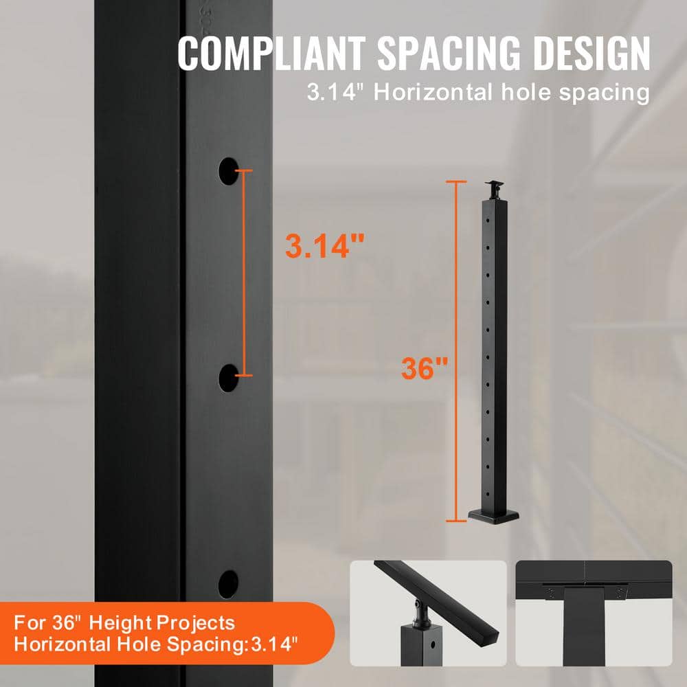 VEVOR Cable Railing Post 36 in. L x 2 in. W x 2 in. H Steel Horizontal Hole Deck Railing Post SUS304 Stainless Steel Rail Post