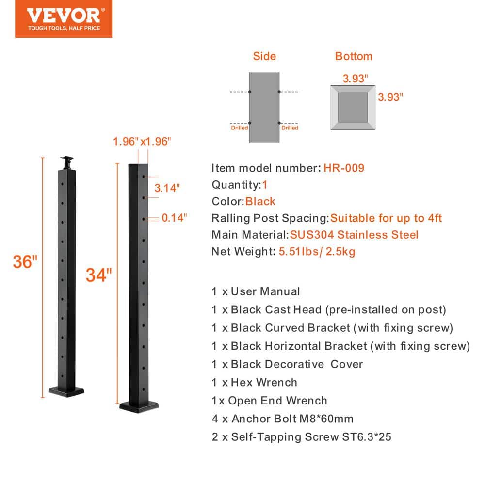VEVOR Cable Railing Post 36 in. L x 2 in. W x 2 in. H Steel Horizontal Hole Deck Railing Post SUS304 Stainless Steel Rail Post