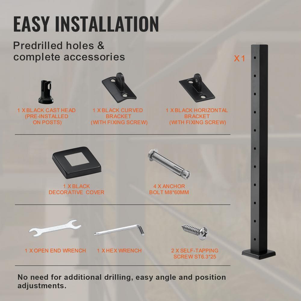 VEVOR Cable Railing Post 36 in. L x 2 in. W x 2 in. H Steel Horizontal Hole Deck Railing Post SUS304 Stainless Steel Rail Post