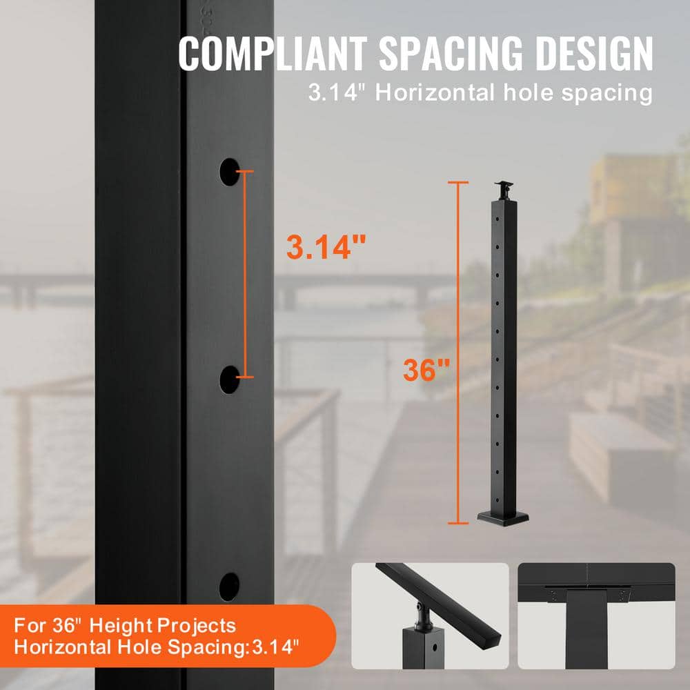 VEVOR Cable Railing Post 36 in. x 2 in. x 2 in. Steel Horizontal Hole Deck Railing Post with Horizontal and Curved Bracket