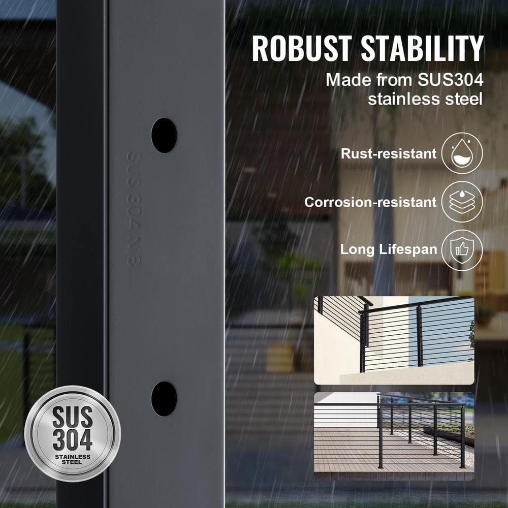 VEVOR Cable Railing Post 36 in. x 2 in. x 2 in. Steel Horizontal Hole Deck Railing Post with Horizontal and Curved Bracket