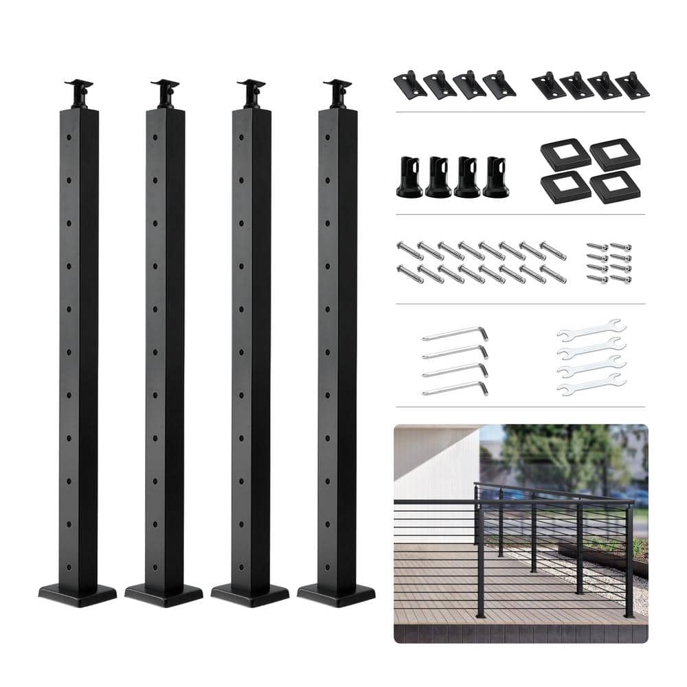 VEVOR Cable Railing Post 36 in. x 2 in. x 2 in. Steel Horizontal Hole Deck Railing Post with Horizontal and Curved Bracket