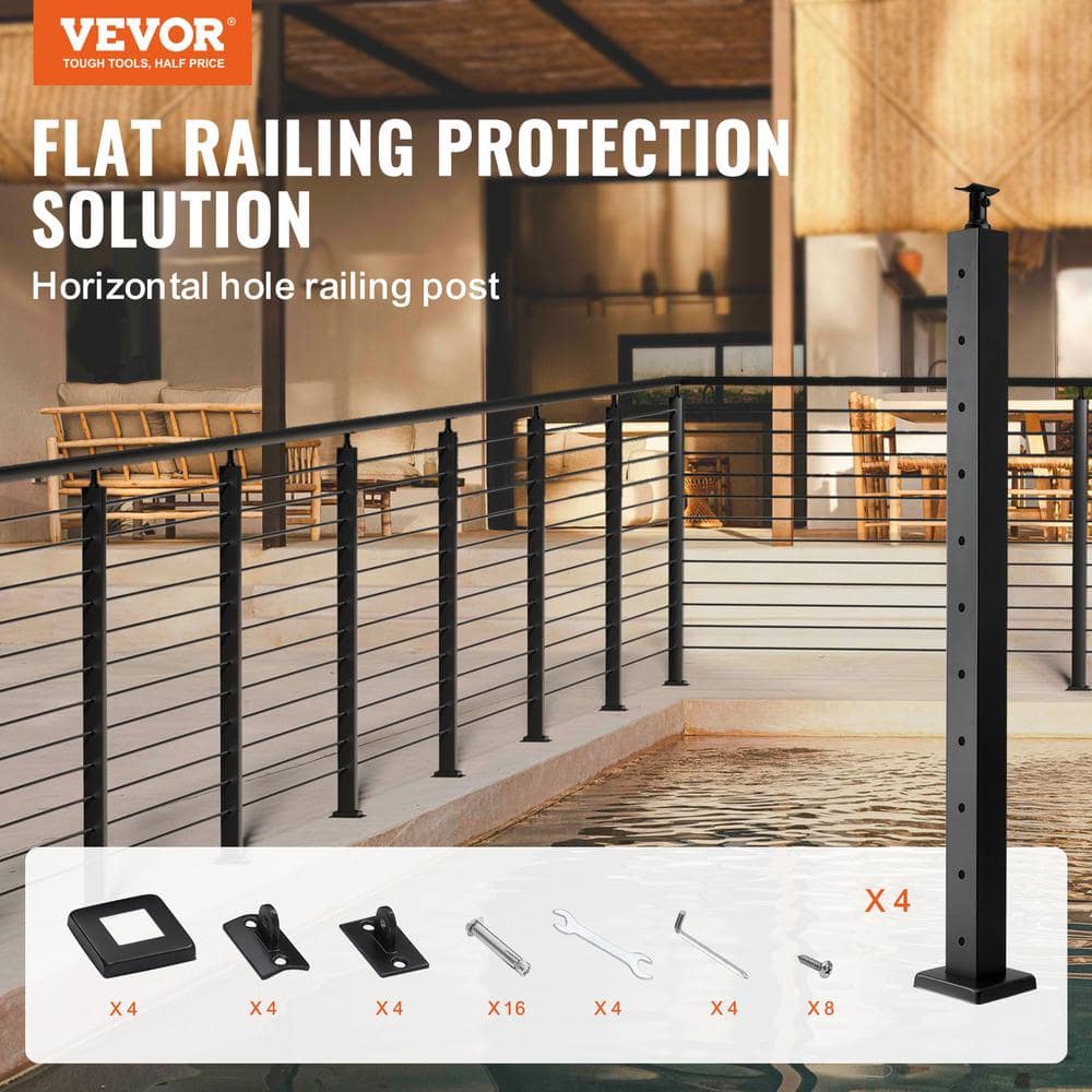 VEVOR Cable Railing Post 36 in. x 2 in. x 2 in. Steel Horizontal Hole Deck Railing Post with Horizontal and Curved Bracket
