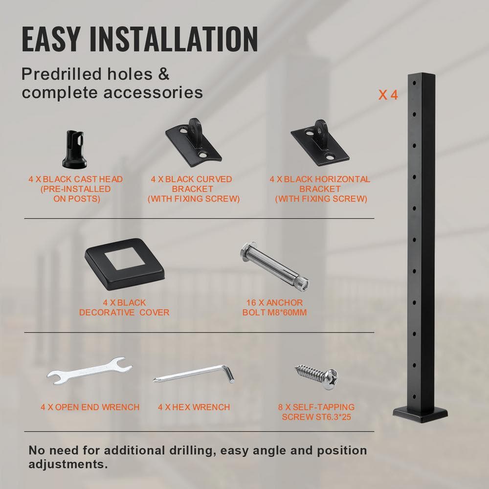 VEVOR Cable Railing Post 36 in. x 2 in. x 2 in. Steel Horizontal Hole Deck Railing Post with Horizontal and Curved Bracket