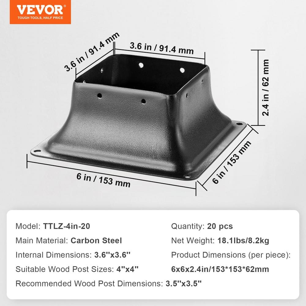 VEVOR 20-Pieces Post Base 4 in. x 4 in. Internal 3.6 in. x 3.6 in. Heavy-Duty Powder-Coated Steel Post Bracket