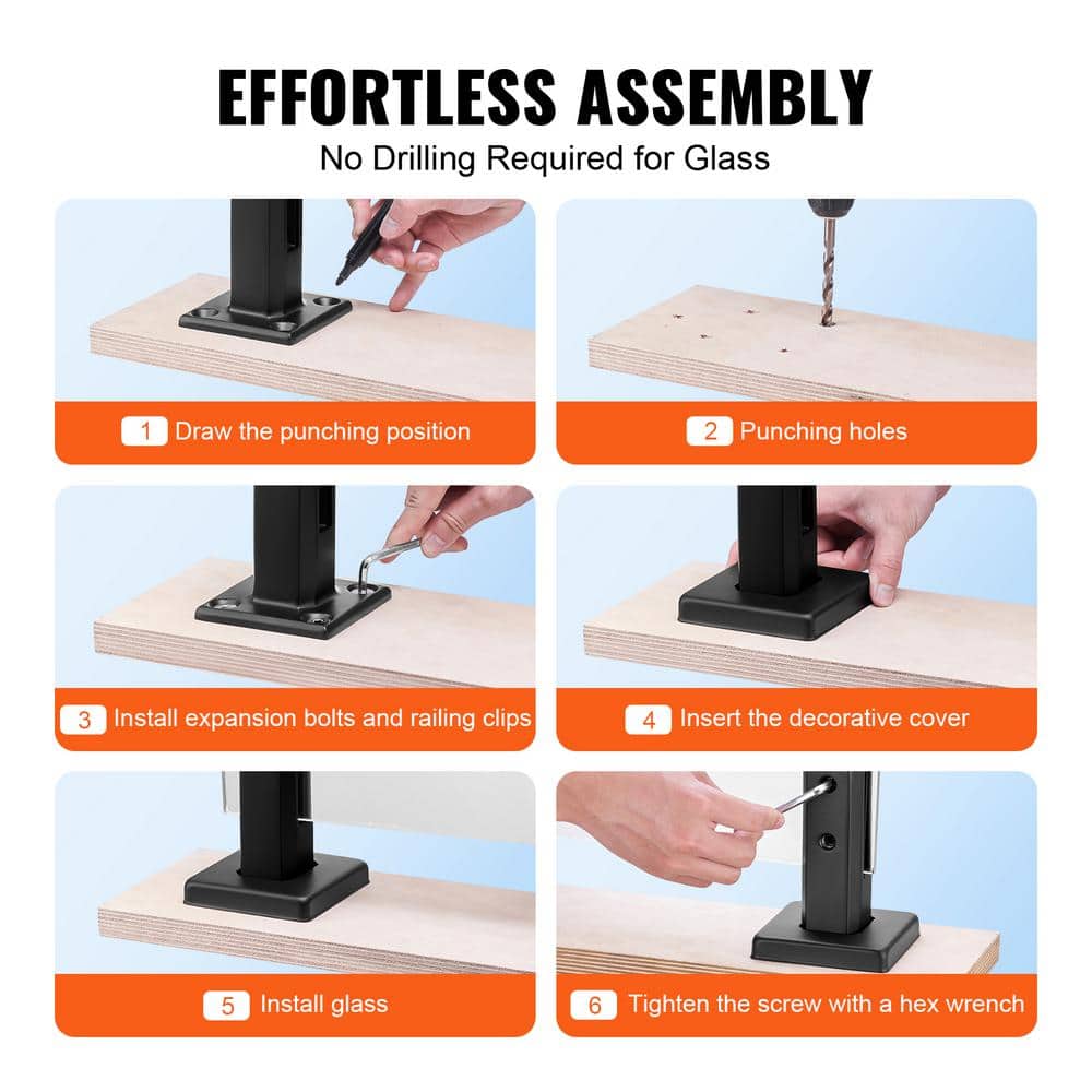 VEVOR Glass Clamp 10 pcs 6.3 in. H x 3.94 in. W Black Stainless Steel Stair Railing Kit Railing Bracket for 0.31 to 0.47 in.