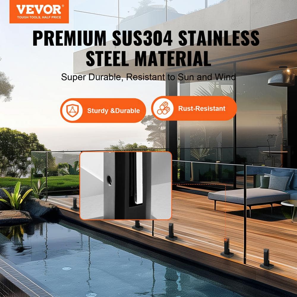VEVOR Glass Clamp 10 pcs 6.3 in. H x 3.94 in. W Black Stainless Steel Stair Railing Kit Railing Bracket for 0.31 to 0.47 in.