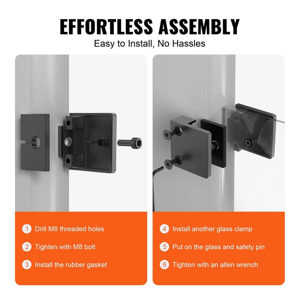 VEVOR Glass Clamp 1 in. H x 2 in. W Black Stainless Steel Stair Railing Kit 40 PCS Glass Railing Bracket for 0.31 to 0.47 in.