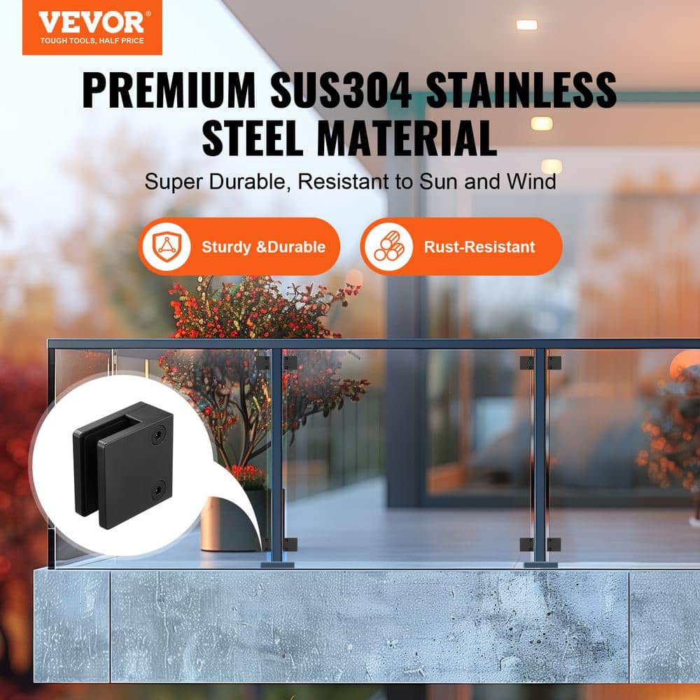 VEVOR Glass Clamp 1 in. H x 2 in. W Black Stainless Steel Stair Railing Kit 40 PCS Glass Railing Bracket for 0.31 to 0.47 in.