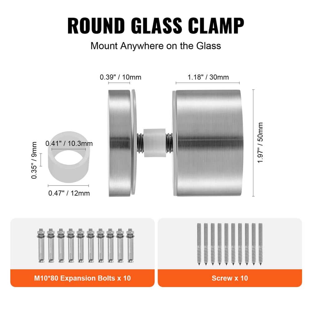 VEVOR Glass Clamp 10PCS Railing Bracket 5 in. H x 2 in. W Silver 316 Stainless Steel for 0.31 to 0.62 in. Stair Railing Kit