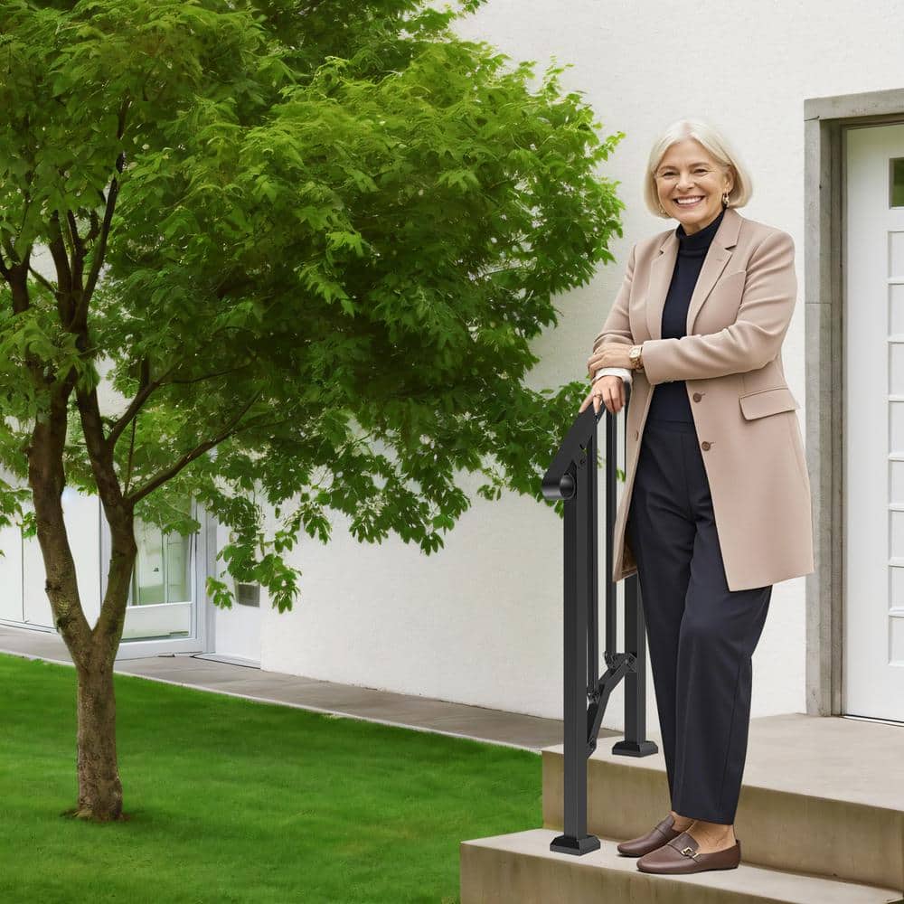 VEVOR Handrails for Outdoor Steps 1-2 Step Stair Hand Rail Kit Transitional Carbon Steel Railings 37.99 in. H x 3.31 in. W