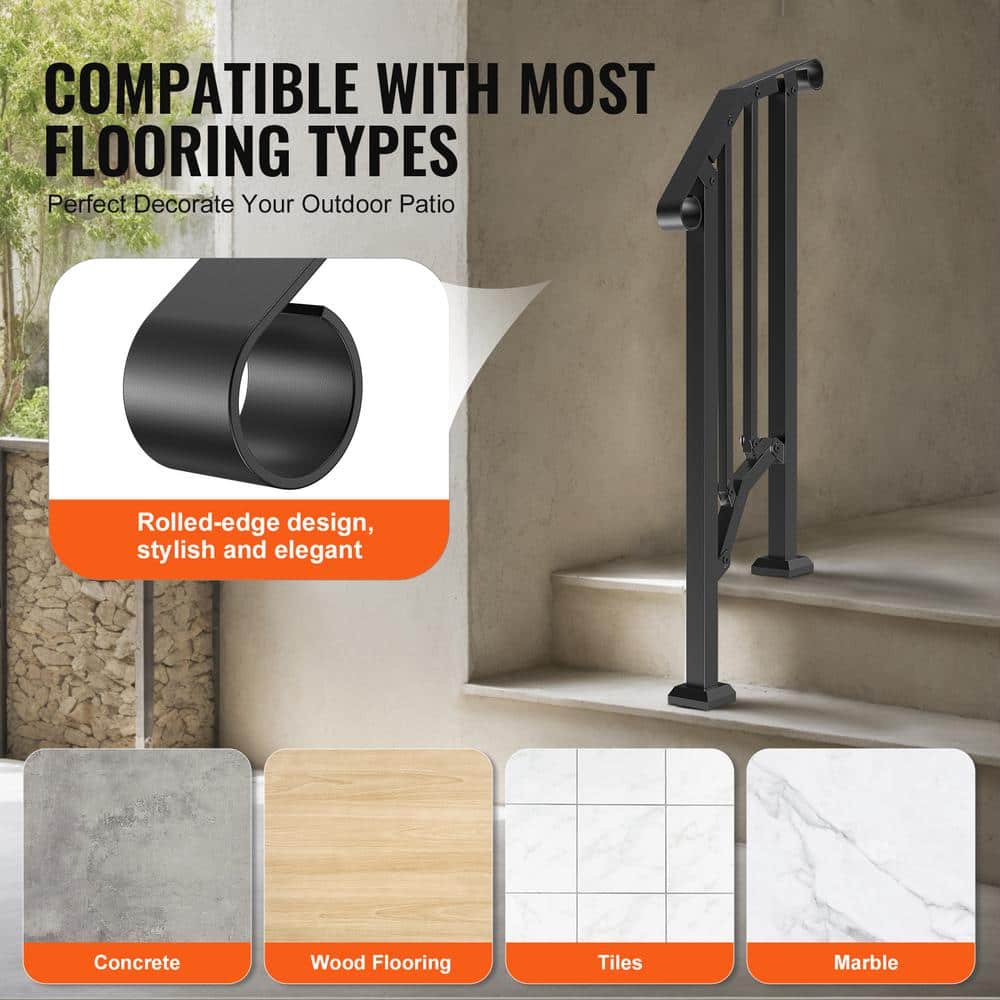 VEVOR Handrails for Outdoor Steps 1-2 Step Stair Hand Rail Kit Transitional Carbon Steel Railings 37.99 in. H x 3.31 in. W
