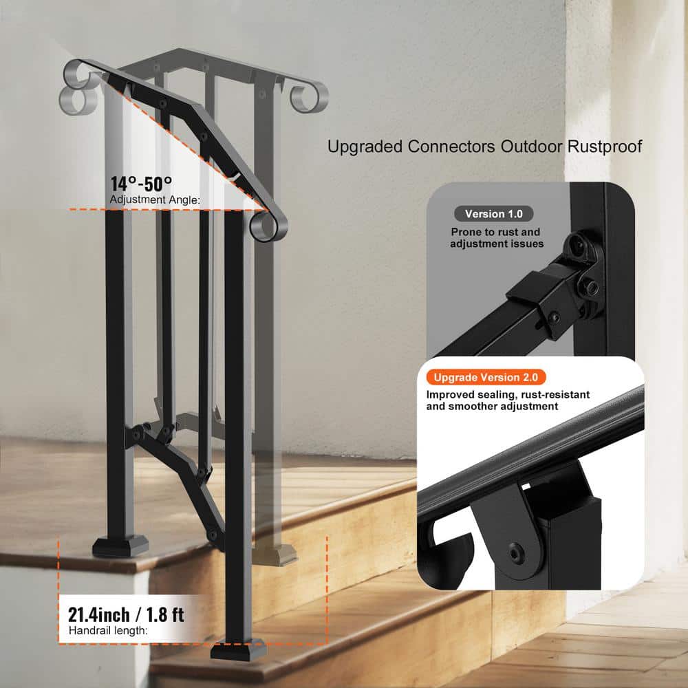 VEVOR Handrails for Outdoor Steps 1-2 Step Stair Hand Rail Kit Transitional Carbon Steel Railings 37.99 in. H x 3.31 in. W