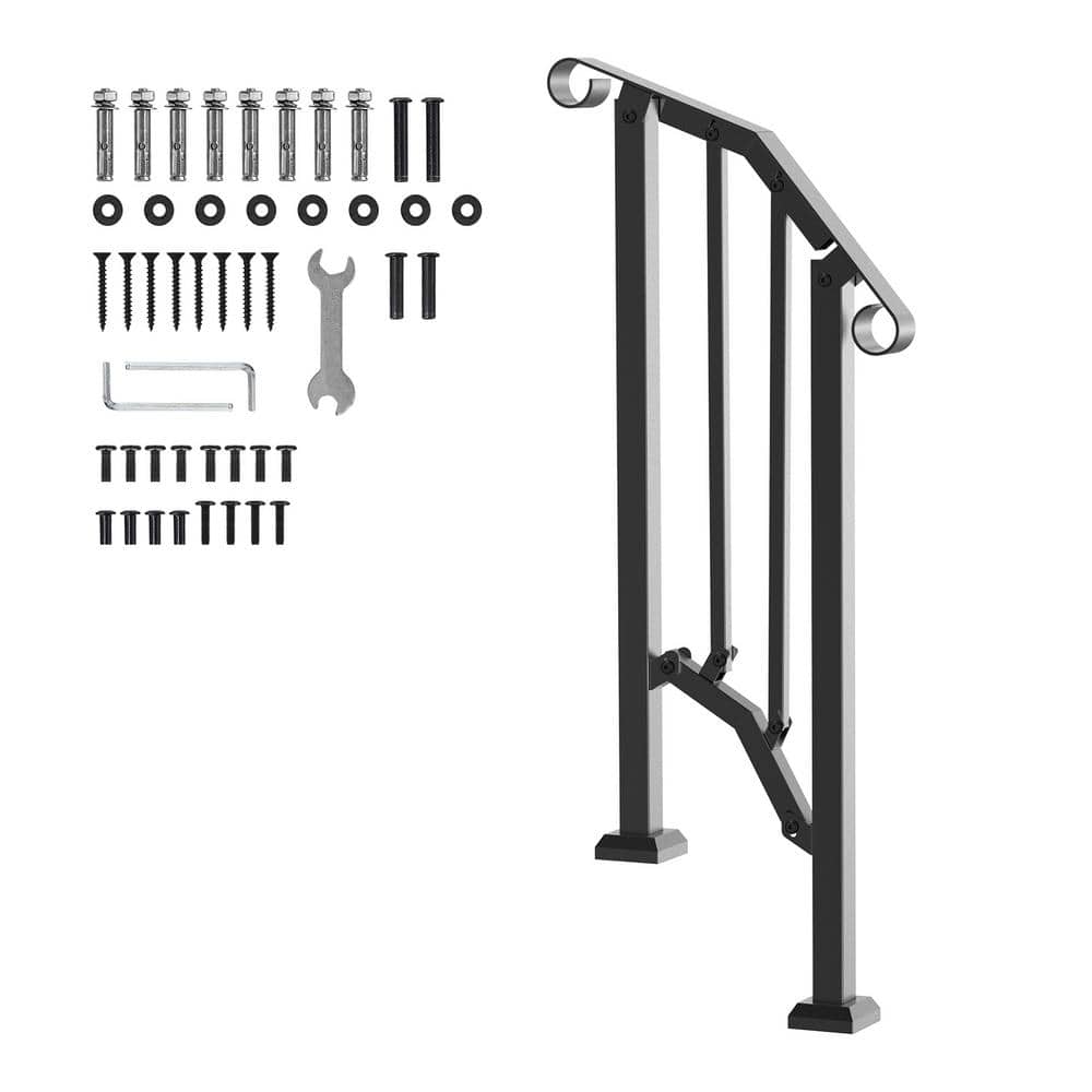 VEVOR Handrails for Outdoor Steps 1-2 Step Stair Hand Rail Kit Transitional Carbon Steel Railings 37.99 in. H x 3.31 in. W