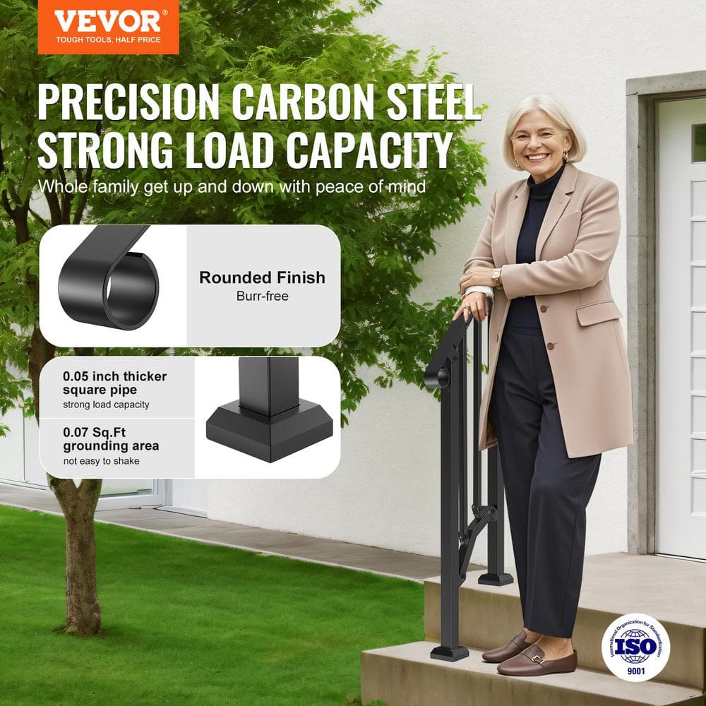 VEVOR Handrails for Outdoor Steps 1-2 Step Stair Hand Rail Kit Transitional Carbon Steel Railings 37.99 in. H x 3.31 in. W