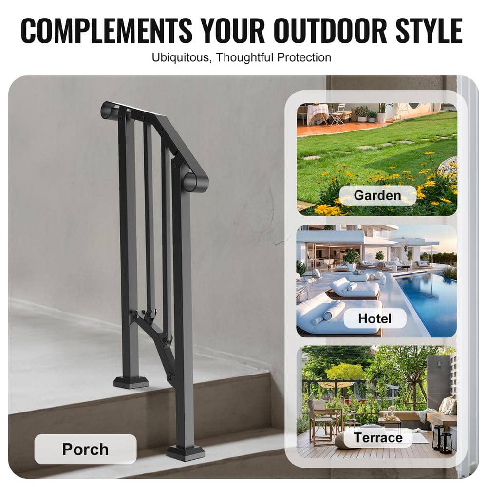 VEVOR Handrails for Outdoor Steps 1-2 Step Stair Hand Rail Kit Transitional Carbon Steel Railings 37.99 in. H x 3.31 in. W