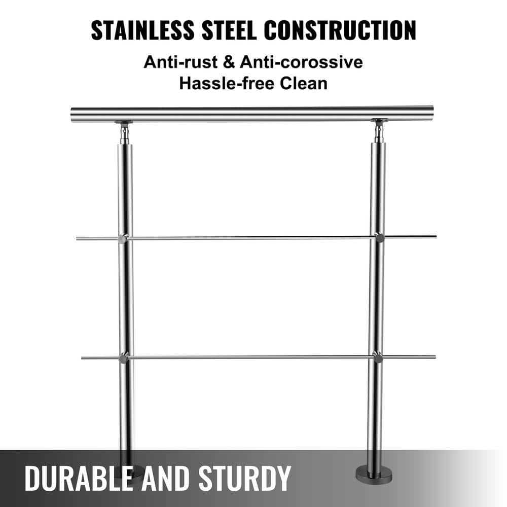 VEVOR Stainless Stair Handrail with 2 Cross Bars Rails 42.1 in. H x 34.9 in. W Silver 201 Stainless Steel Stair Railing Kit