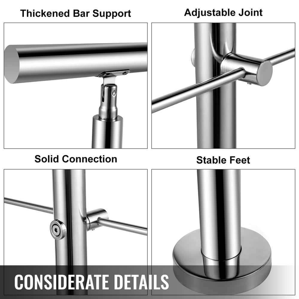 VEVOR Stainless Stair Handrail with 2 Cross Bars Rails 42.1 in. H x 34.9 in. W Silver 201 Stainless Steel Stair Railing Kit