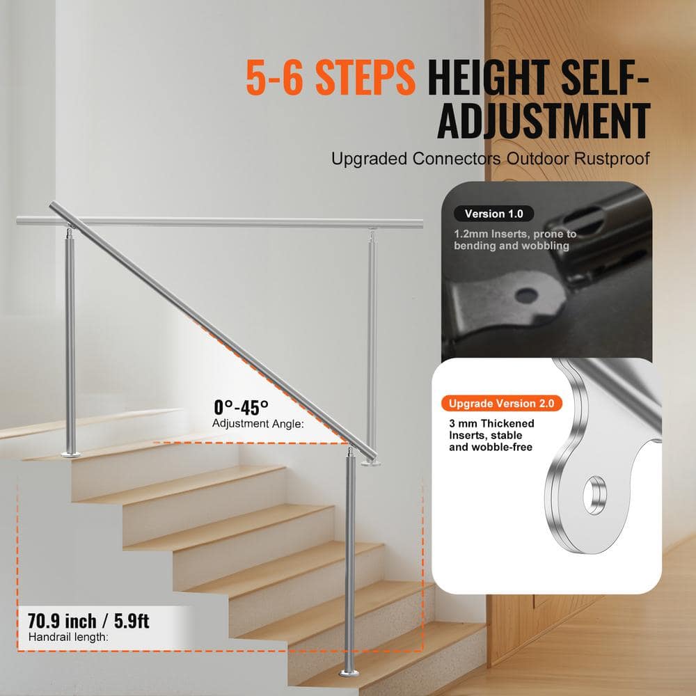 VEVOR Handrails for Outdoor Steps, 70.9 in./ 180cm Length Stair Hand Rail Kit, Transitional Stainless Steel Railings
