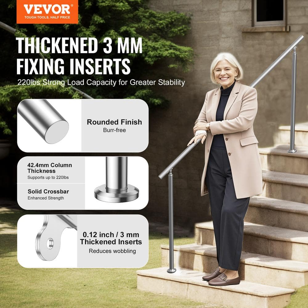 VEVOR Handrails for Outdoor Steps, 70.9 in./ 180cm Length Stair Hand Rail Kit, Transitional Stainless Steel Railings