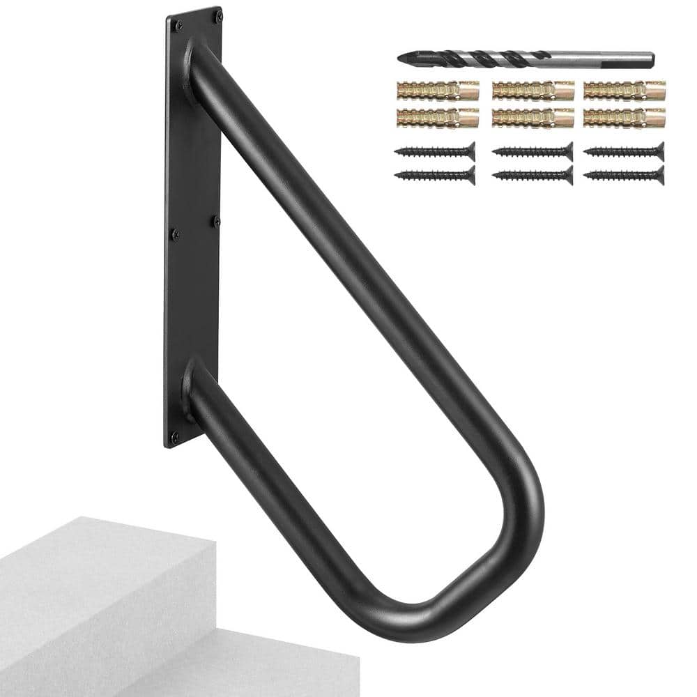 VEVOR Handrails for Outdoor Steps 18.86 in. x 3.15 in. Black steel Stair Railing Kit Wall Mount Railings 1-2 Steps U-Shaped