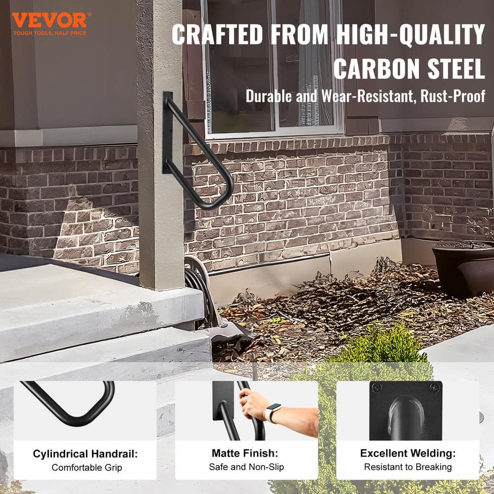 VEVOR Handrails for Outdoor Steps 18.86 in. x 3.15 in. Black steel Stair Railing Kit Wall Mount Railings 1-2 Steps U-Shaped