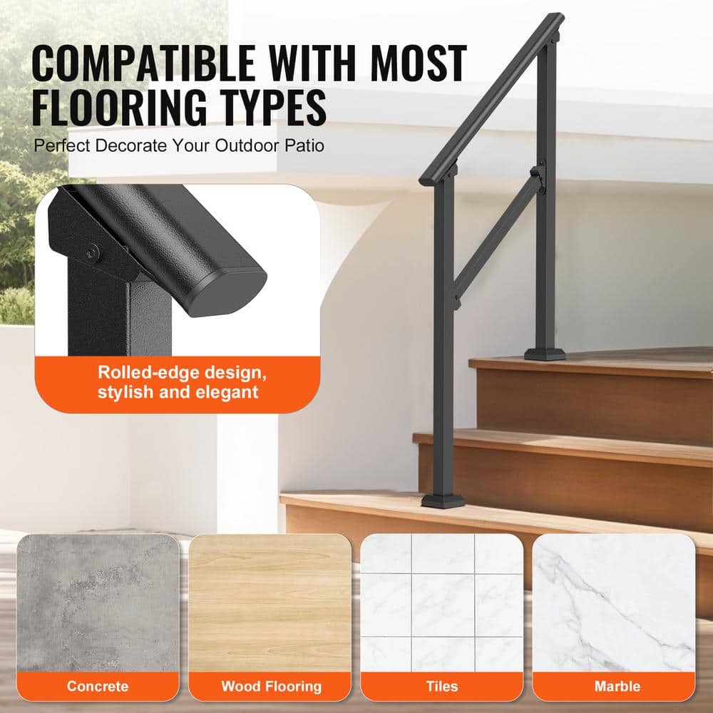 VEVOR Handrails for Outdoor Steps 2-Piece 2-3 Step Stair Handrail Kit Transitional Carbon Steel Railings Black Square Tube
