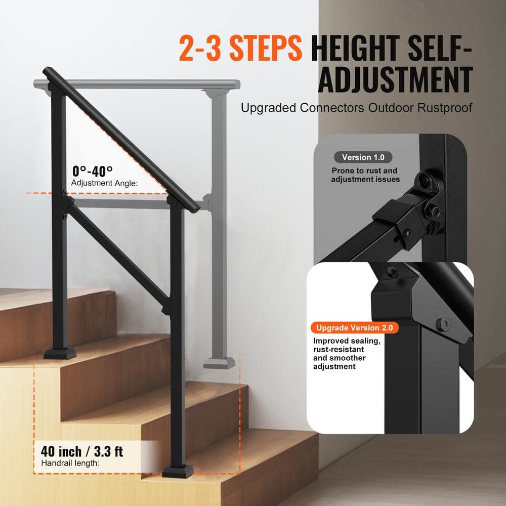 VEVOR Handrails for Outdoor Steps 2-Piece 2-3 Step Stair Handrail Kit Transitional Carbon Steel Railings Black Square Tube
