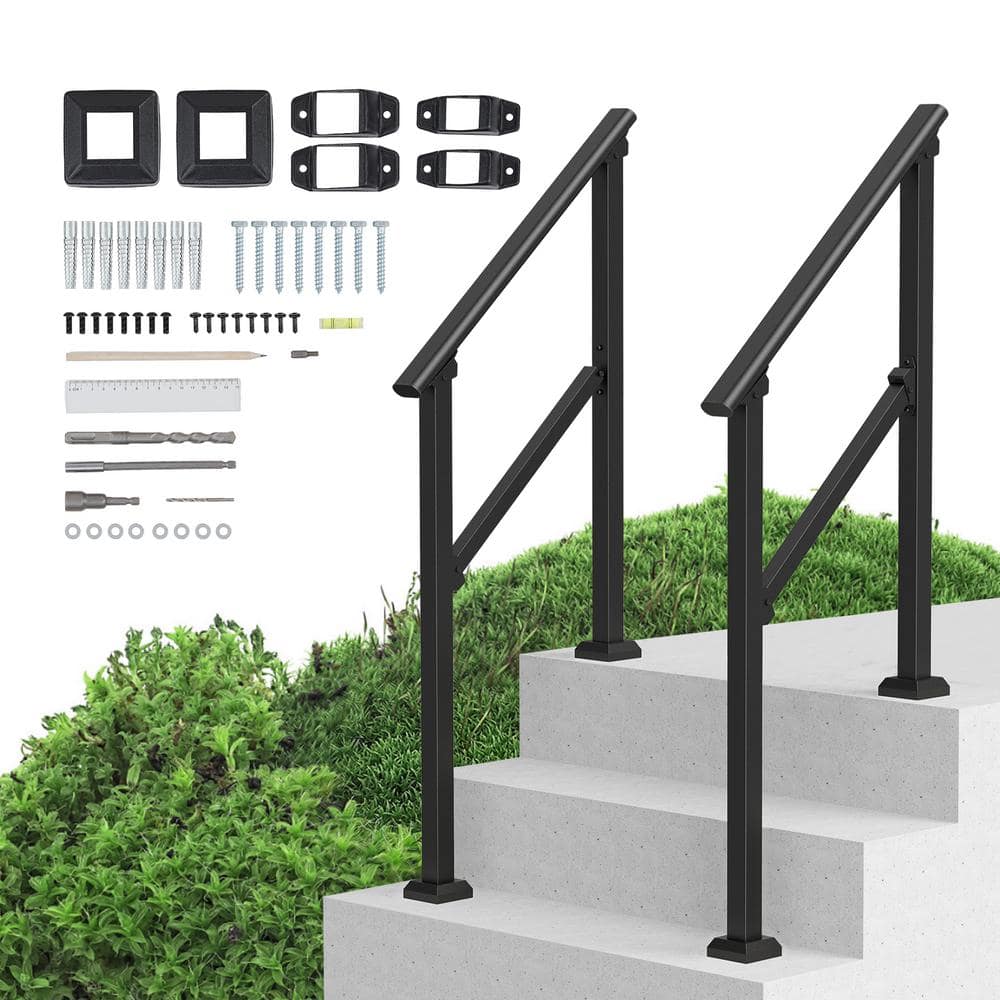 VEVOR Handrails for Outdoor Steps 2-Piece 2-3 Step Stair Handrail Kit Transitional Carbon Steel Railings Black Square Tube