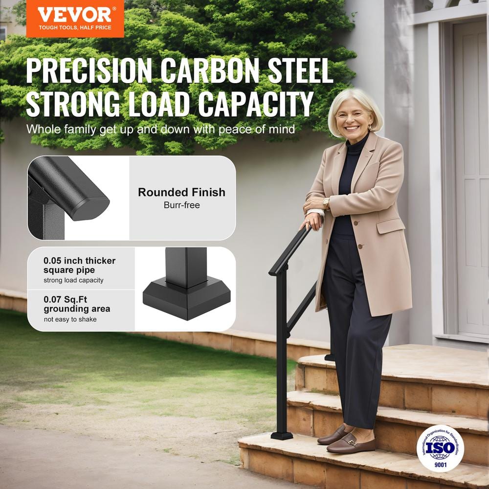 VEVOR Handrails for Outdoor Steps 2-Piece 2-3 Step Stair Handrail Kit Transitional Carbon Steel Railings Black Square Tube