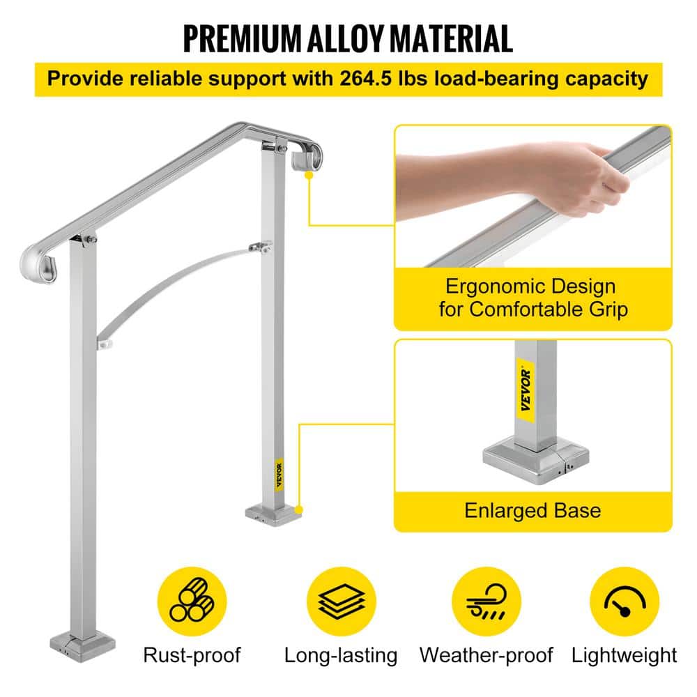 VEVOR Stair Railing Hand Rail Kit Fit 2 or 3 Steps Alloy Metal Step Handrail for Outdoor