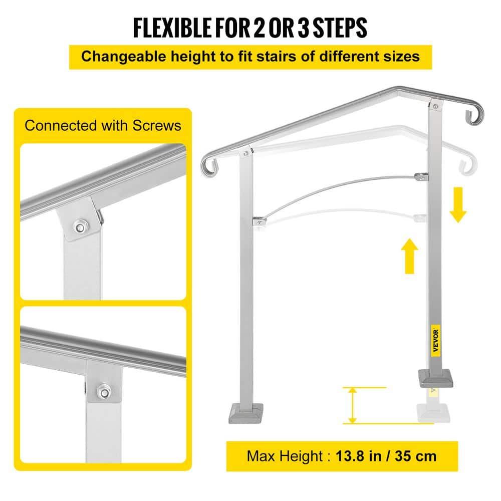 VEVOR Stair Railing Hand Rail Kit Fit 2 or 3 Steps Alloy Metal Step Handrail for Outdoor