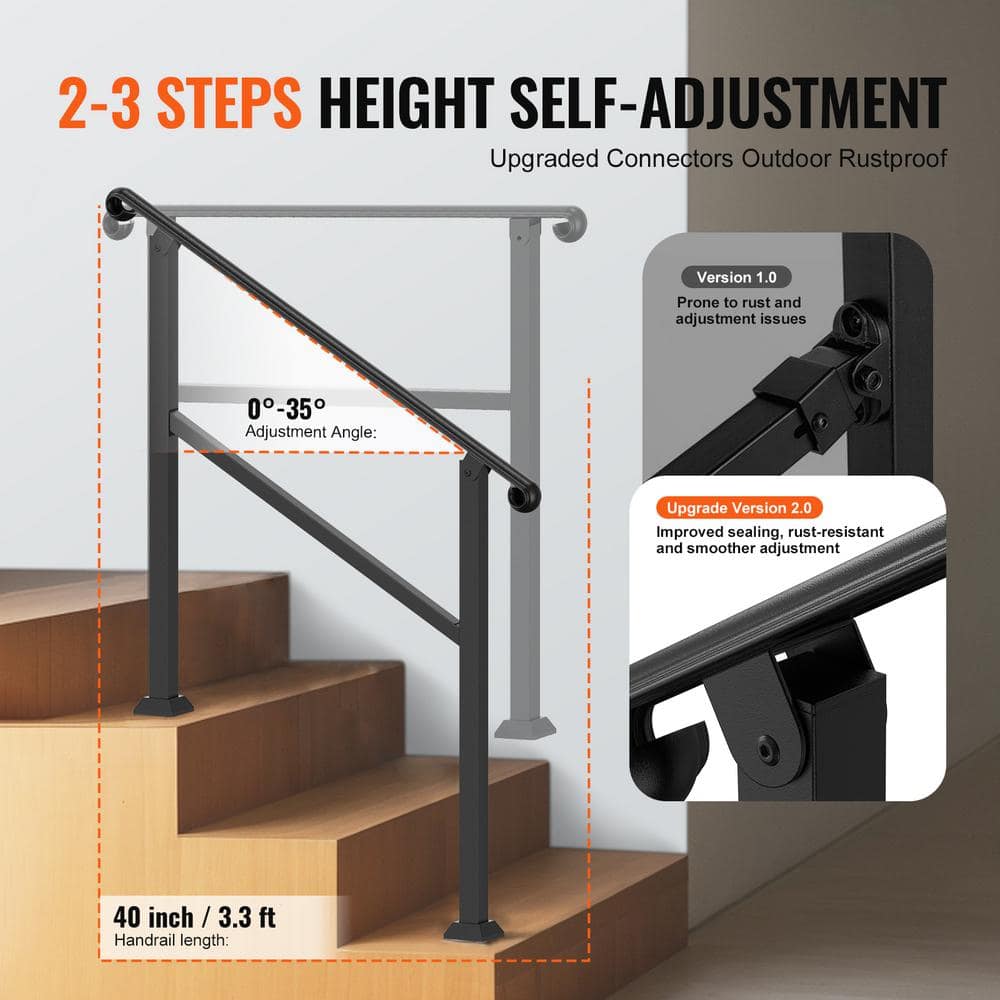 VEVOR Handrails for Outdoor Steps 2-3 Step Stair Hand Rail Indoor Railing Kit Railings for Steps Black 35.6 in. H x 3.3 in. W