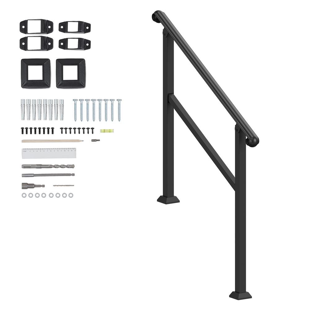 VEVOR Handrails for Outdoor Steps 2-3 Step Stair Hand Rail Indoor Railing Kit Railings for Steps Black 35.6 in. H x 3.3 in. W