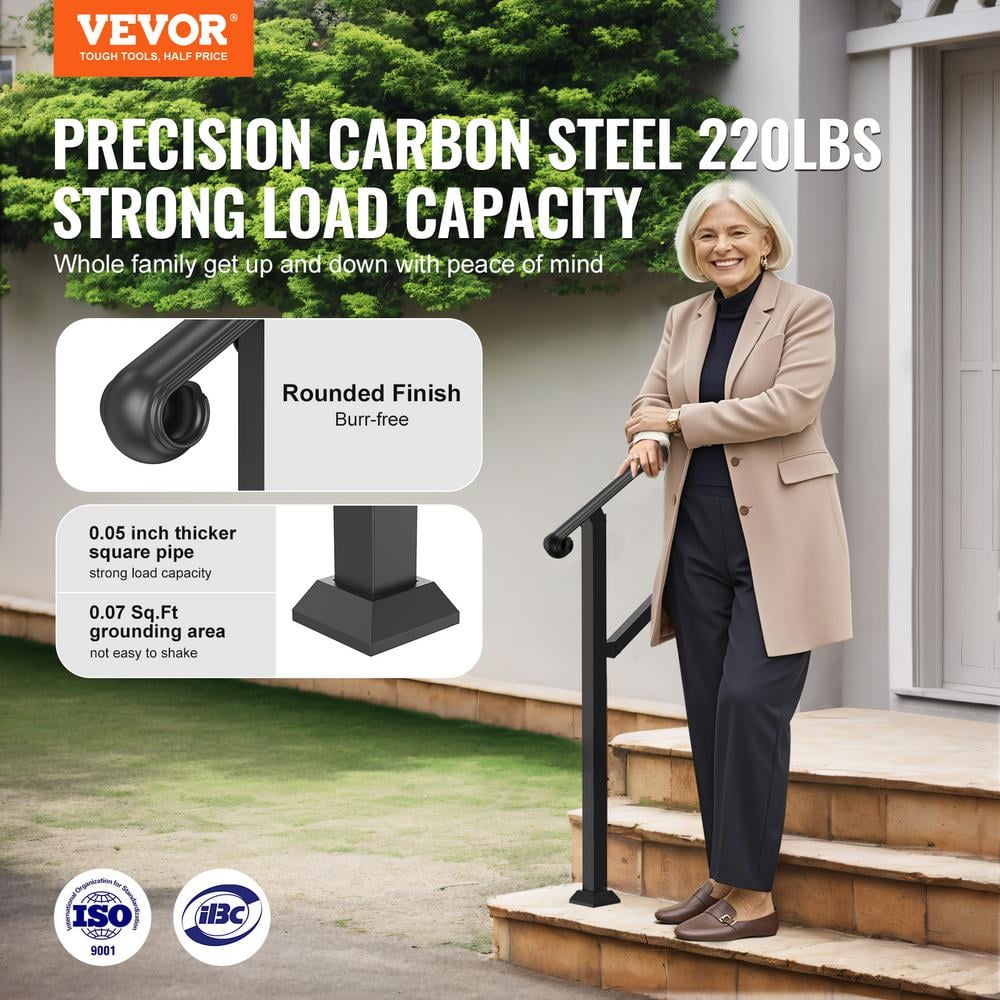 VEVOR Handrails for Outdoor Steps 2-3 Step Stair Hand Rail Indoor Railing Kit Railings for Steps Black 35.6 in. H x 3.3 in. W