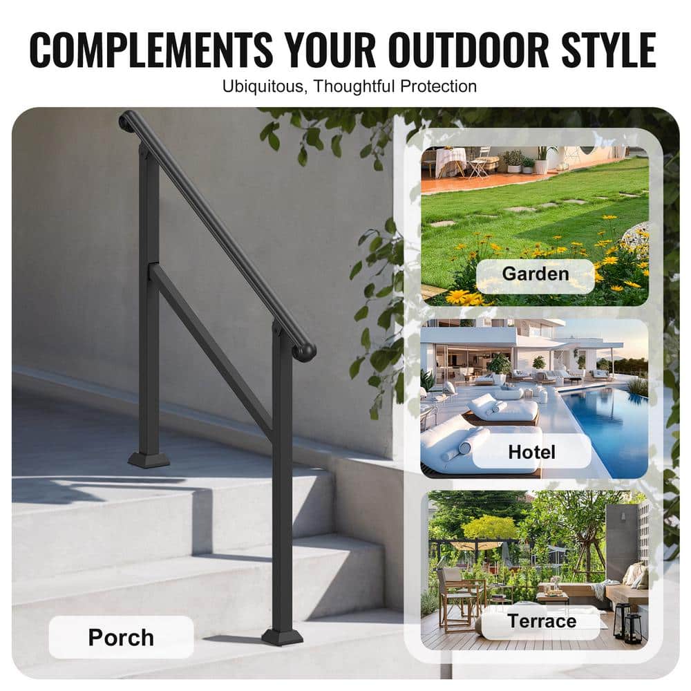 VEVOR Handrails for Outdoor Steps 2-3 Step Stair Hand Rail Indoor Railing Kit Railings for Steps Black 35.6 in. H x 3.3 in. W