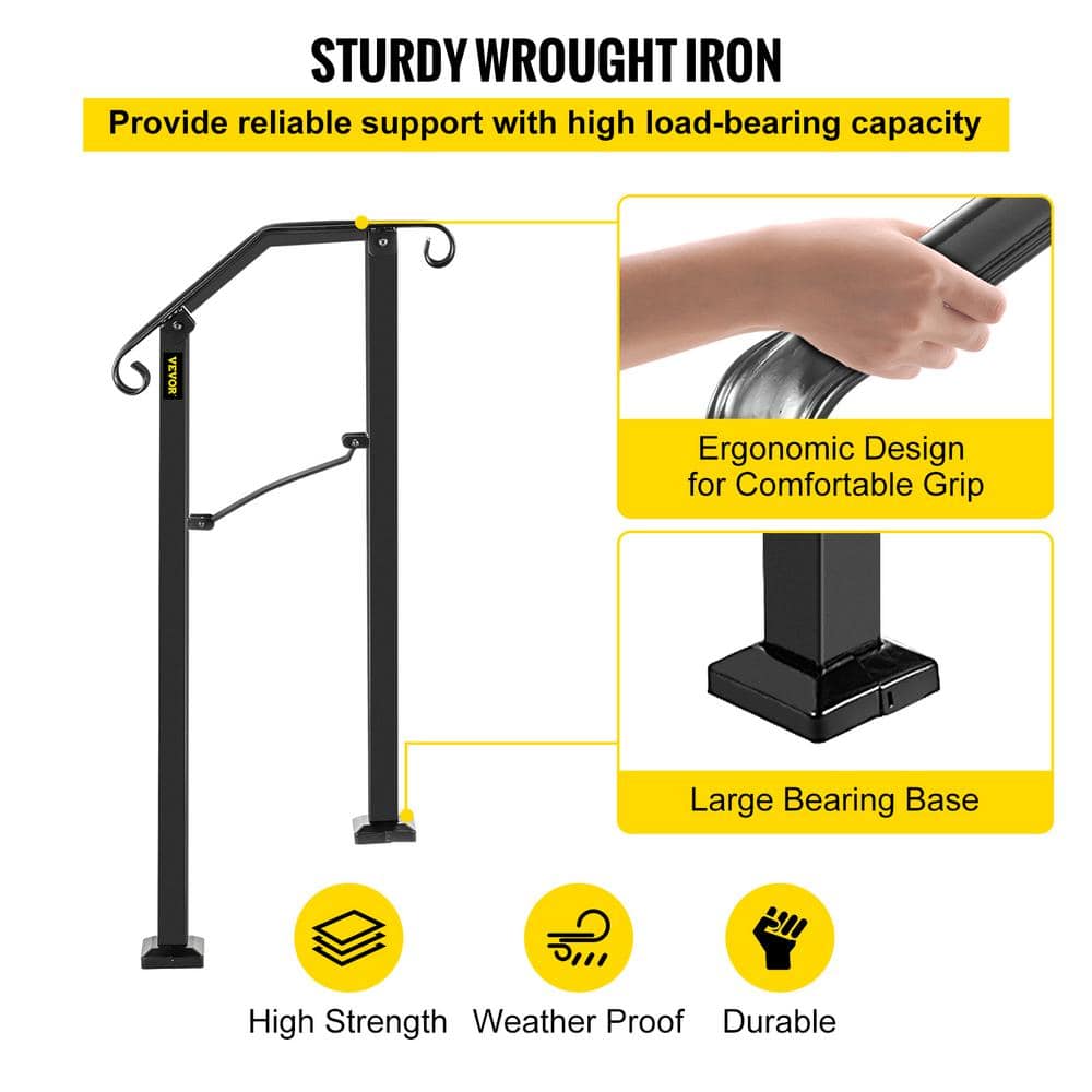 VEVOR 1 ft. Wrought Iron Handrail Fit 1 or 2 Steps Handrails for Outdoor Steps Flexible Porch Railing, Black