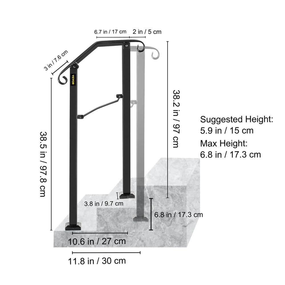 VEVOR 1 ft. Wrought Iron Handrail Fit 1 or 2 Steps Handrails for Outdoor Steps Flexible Porch Railing, Black