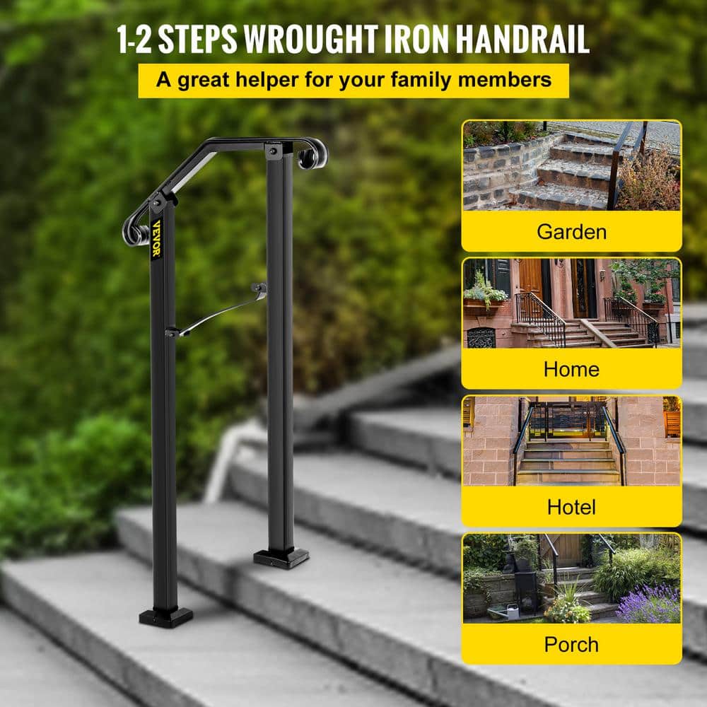 VEVOR 1 ft. Wrought Iron Handrail Fit 1 or 2 Steps Handrails for Outdoor Steps Flexible Porch Railing, Black