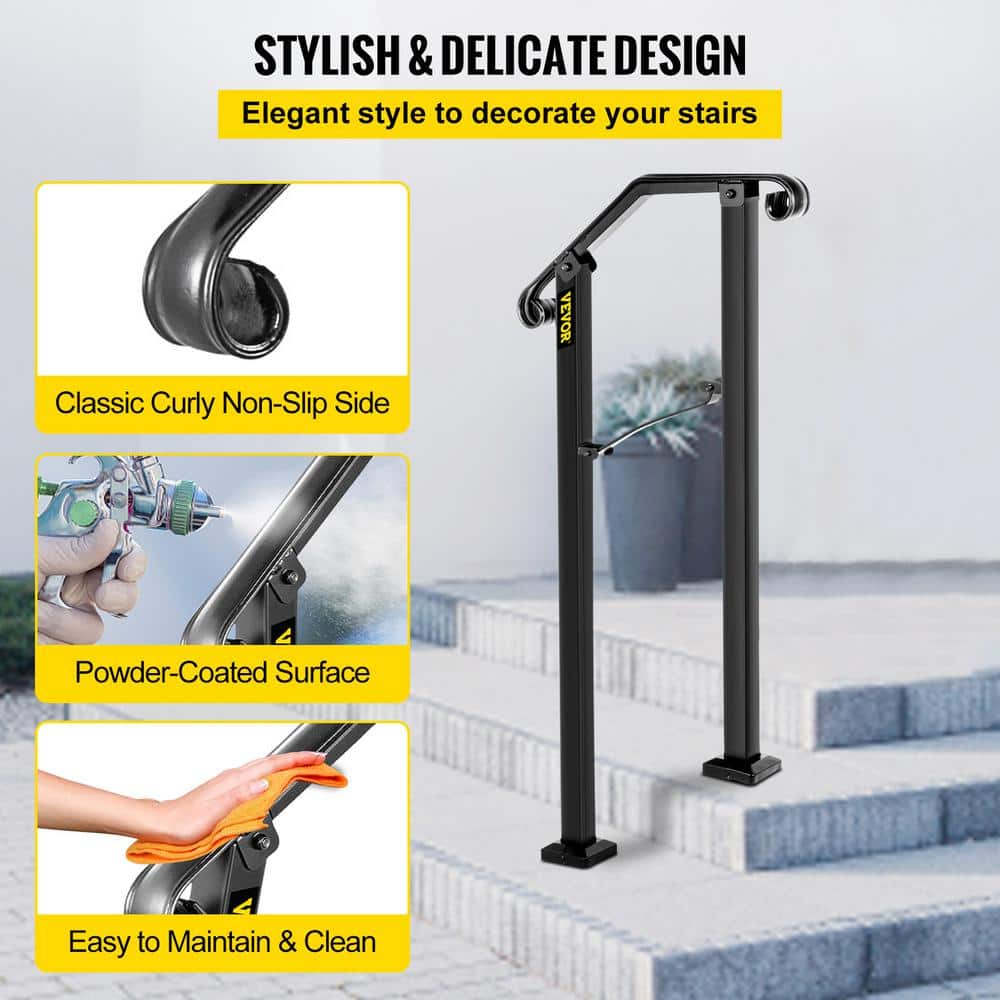VEVOR 1 ft. Wrought Iron Handrail Fit 1 or 2 Steps Handrails for Outdoor Steps Flexible Porch Railing, Black