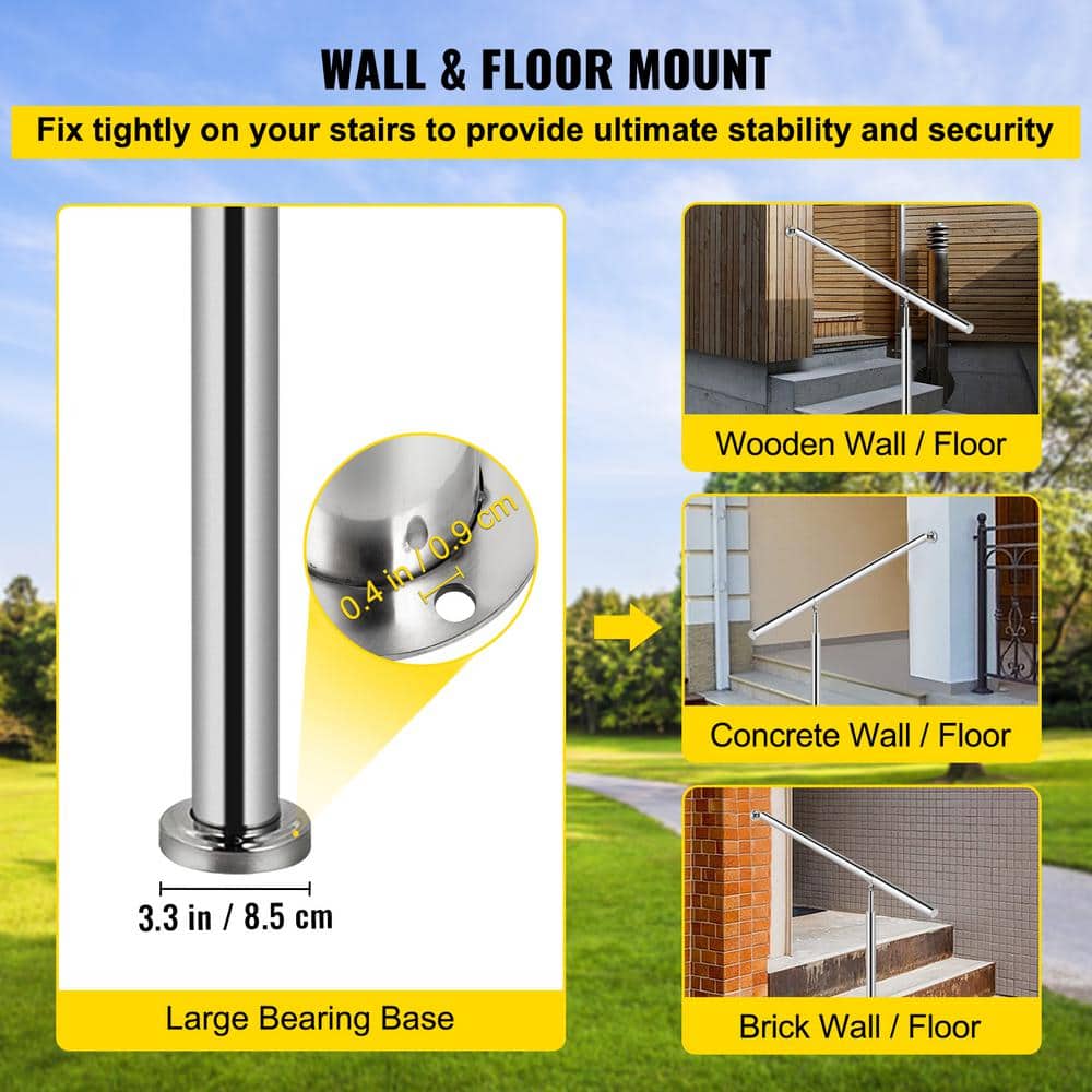 VEVOR 59 in. W x 35.4 in. H Single Post Handrails 304 Stainless Steel Handrails for Outdoor Steps, Silver